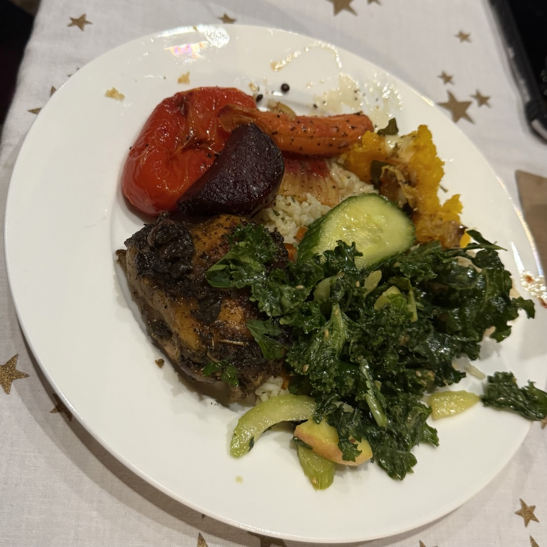 Chicken Marbella with accompaniments